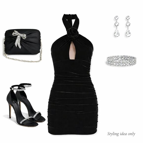 BARDOT Womens Black mini dress cocktail party halter velour NWT Size 8 - Picture 2 of 11